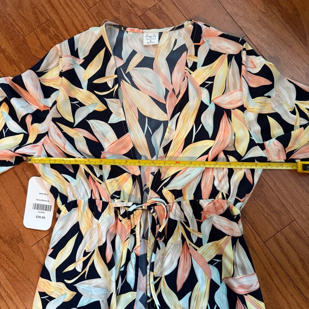 Cozy Co by Cozy Casual Navy Tropical Leaf Print Maxi Kimono Swim Cover Up Medium - Picture 4 of 9